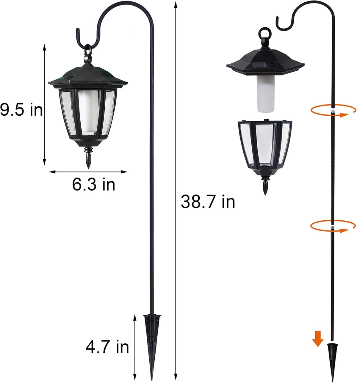 Dynaming 4 Pack Solar Flame Hanging Lights Outdoor, Halloween Solar Flickering Flame LED Garden Lanterns with 4 x 38 Inch Shepherd Hooks, Christmas Lighting for Lawn Patio Yard Pathway Driveway