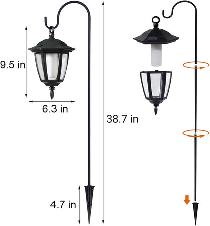 Dynaming 4 Pack Solar Flame Hanging Lights Outdoor, Halloween Solar Flickering Flame LED Garden Lanterns with 4 x 38 Inch Shepherd Hooks, Christmas Lighting for Lawn Patio Yard Pathway Driveway