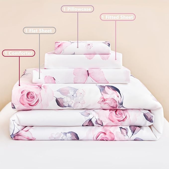 PERFEMET Floral Toddler Bedding 4-Piece Pink Flower Toddler Girls Comforter - Image 7