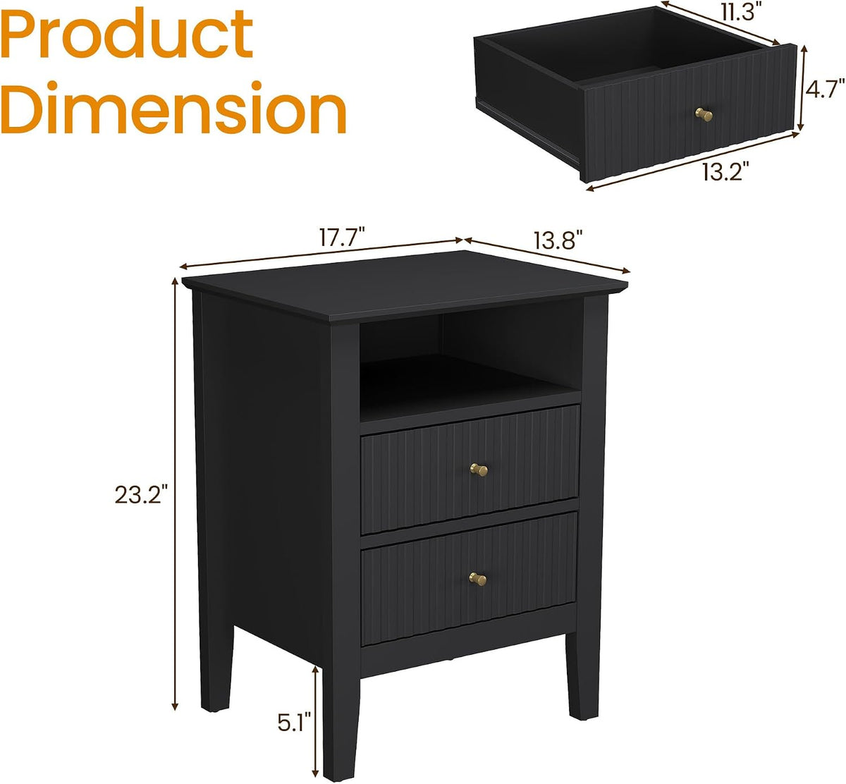 royalcraft black fluted nightstand with 2 drawers, colorful shown in use