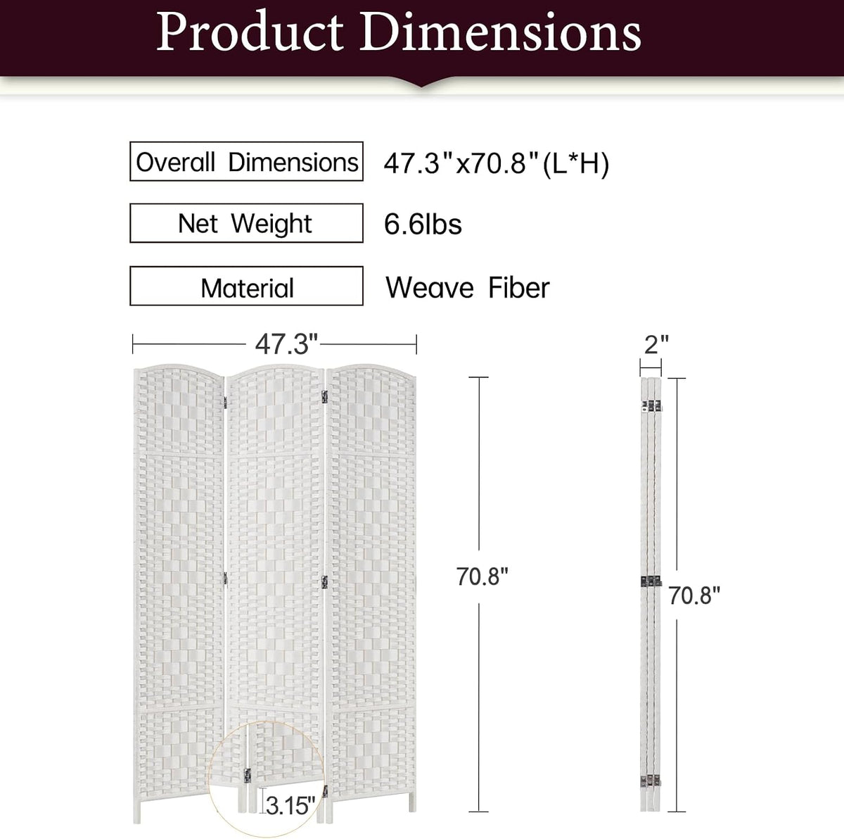 rhf room divider panel,partition room dividers,3panel privacy screen,white, close-up detail