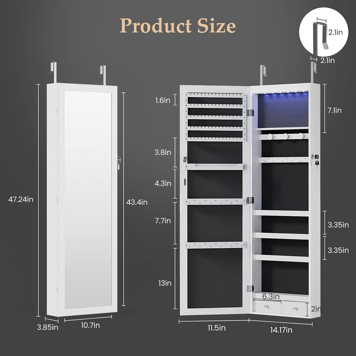 dumos jewelry organizer mirror, 6 leds jewelry armoire shown in use