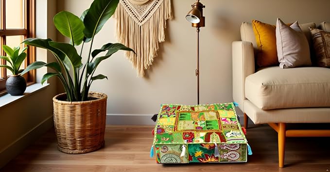 CRAFT KALA Indian Square Patchwork Traditional Pouf Cover Indian Living Room - Image 4