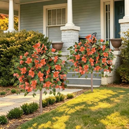2PCS Fall Tree 4FT Artificial Bougainvillea Tree with Ground Spike UV Resistant Fake Orange Flower Topiary Plants for Outdoor Garden Patio Front Porch Autumn Thanksgiving Halloween Decor