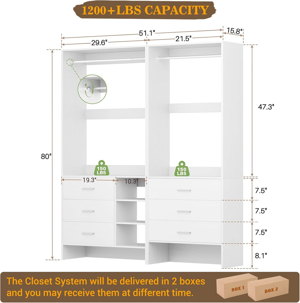 Aheaplus Closet System with 6 Drawers, 4.3ft, Set of 2, White