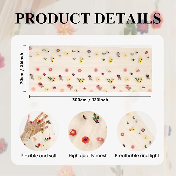 Artoid Mode 3PCS Champagne Embroidery Daisy Gauze Table Runner 120 Inch 10FT - Image 7