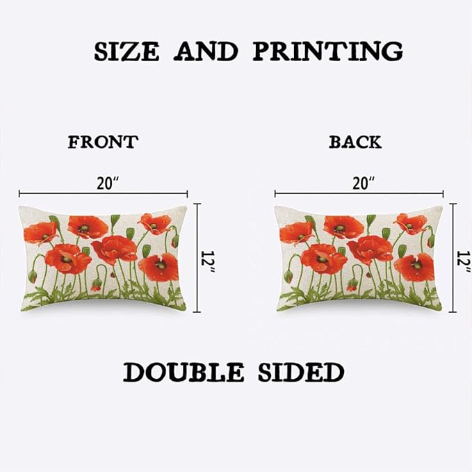 TKS MITLAN Red Poppy Pillow Covers 12 x 20 Inch Spring Flowers Rustic Linen - Image 2