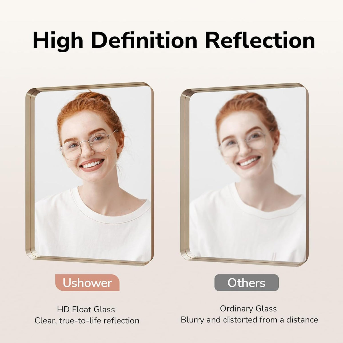ushower gold bathroom mirrors for over sink 24"x36", close-up detail