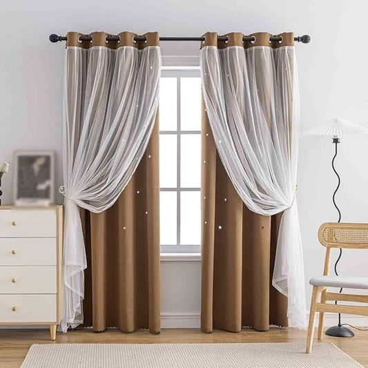 Anytime Romantic Kids Curtain, Hollow-Out Stars Window Curtain Double Layer by Anytime
