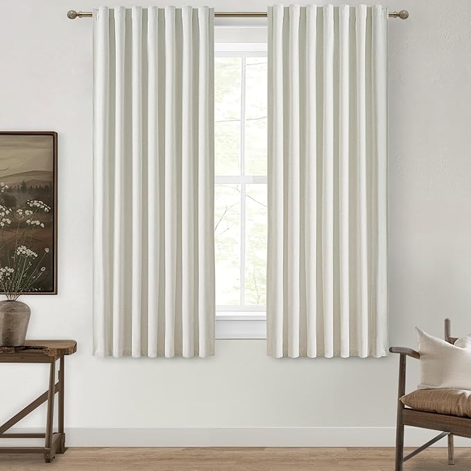 Pleated Curtains with Pin Hooks Linen Kitchen 45 Inch Length 2 Panels Set by QJMYDECO