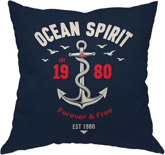 Moslion Nautical Throw Pillow Cover Ocean Spirit Anchor Quote Cotton Linen by Moslion