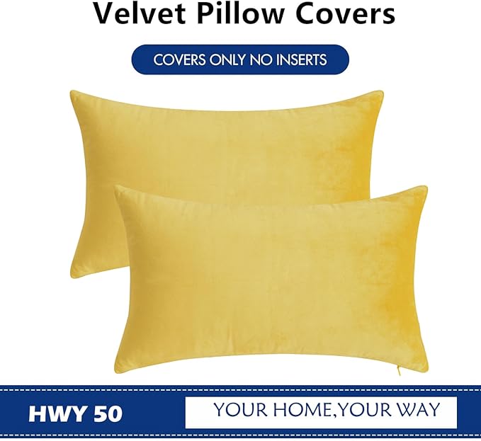 HWY 50 Yellow Velvet Rectangular Throw Pillow Covers 12x20 Inch - Image 6