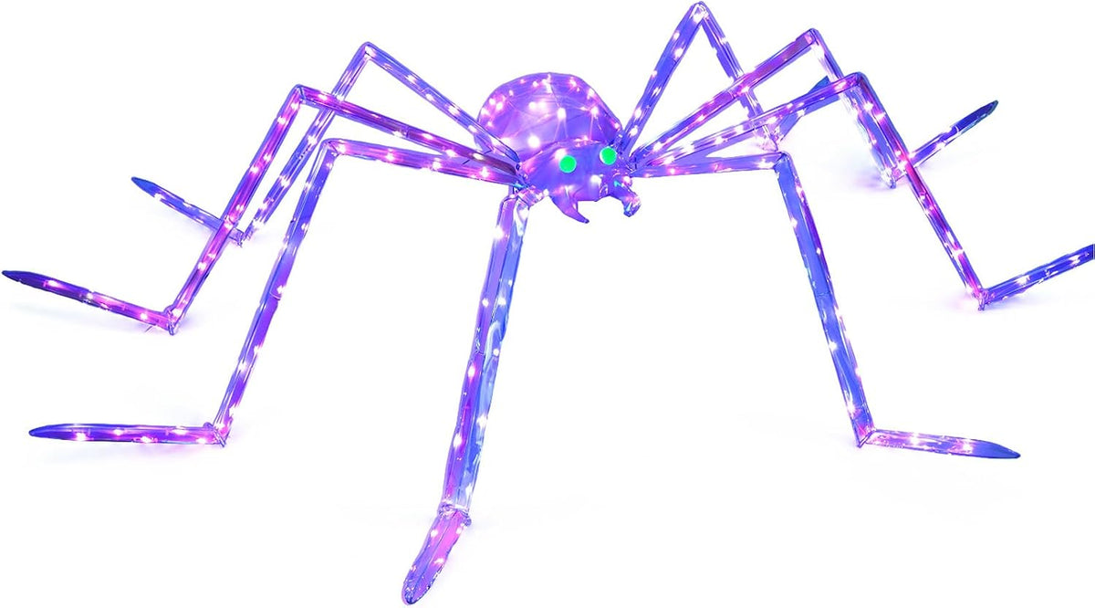 7FT Giant Halloween Spider Decorations Outdoor – Prismatic Iridescent Light-Up Spider with 170 LED Lights & Green Glowing Eyes, Easy Assembly, for Yard, Lawn, Porch, Garden, Haunted House, Party