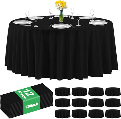 12 Pack Black Plastic Tablecloth 120 Inch Round Disposable Table Cloth, Waterproof Table Cover for Halloween, Weddings, Graduation & Parties