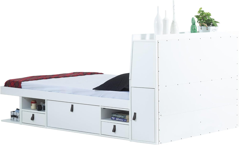 memomad Bali Chest Set: Bed + Storage Headboard, Queen Size, Matte White