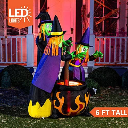 Joiedomi 6 FT Tall Halloween Inflatables Three Witch Around Cauldron with Flame Light Yard Outdoor Decoration Blow Up with Build-in LEDs for Halloween Party Indoor, Outdoor Inflatables Decorations
