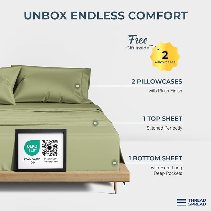 THREAD SPREAD 100% Egyptian Cotton King Size Sheets Set - Image 3