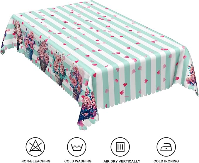 54x70inches Mint and White Stripes Tablecloth Pink Flowers Hearts Printed Table - Image 6