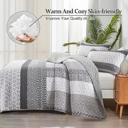 wongs bedding grey queen size quilt set, boho, side view
