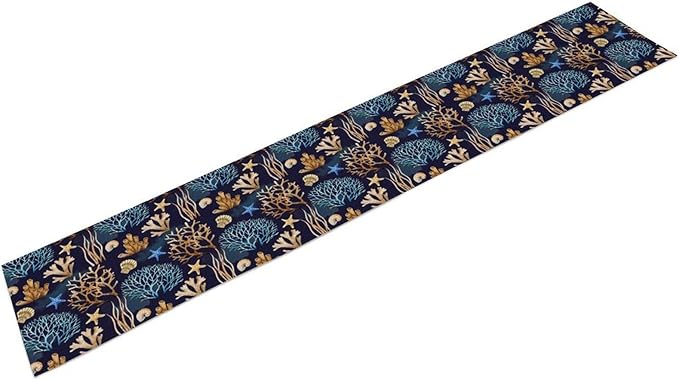Ocean Coastal Table Runner, Coral Shell Starfish Seaside Nautical Beach Navy - Image 2
