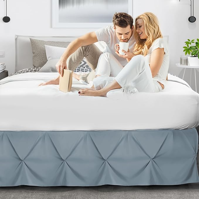 Nestl Stone Blue Bed Skirt Queen Size, Pinch Pleat Queen Bed Skirt, Hotel - Image 6