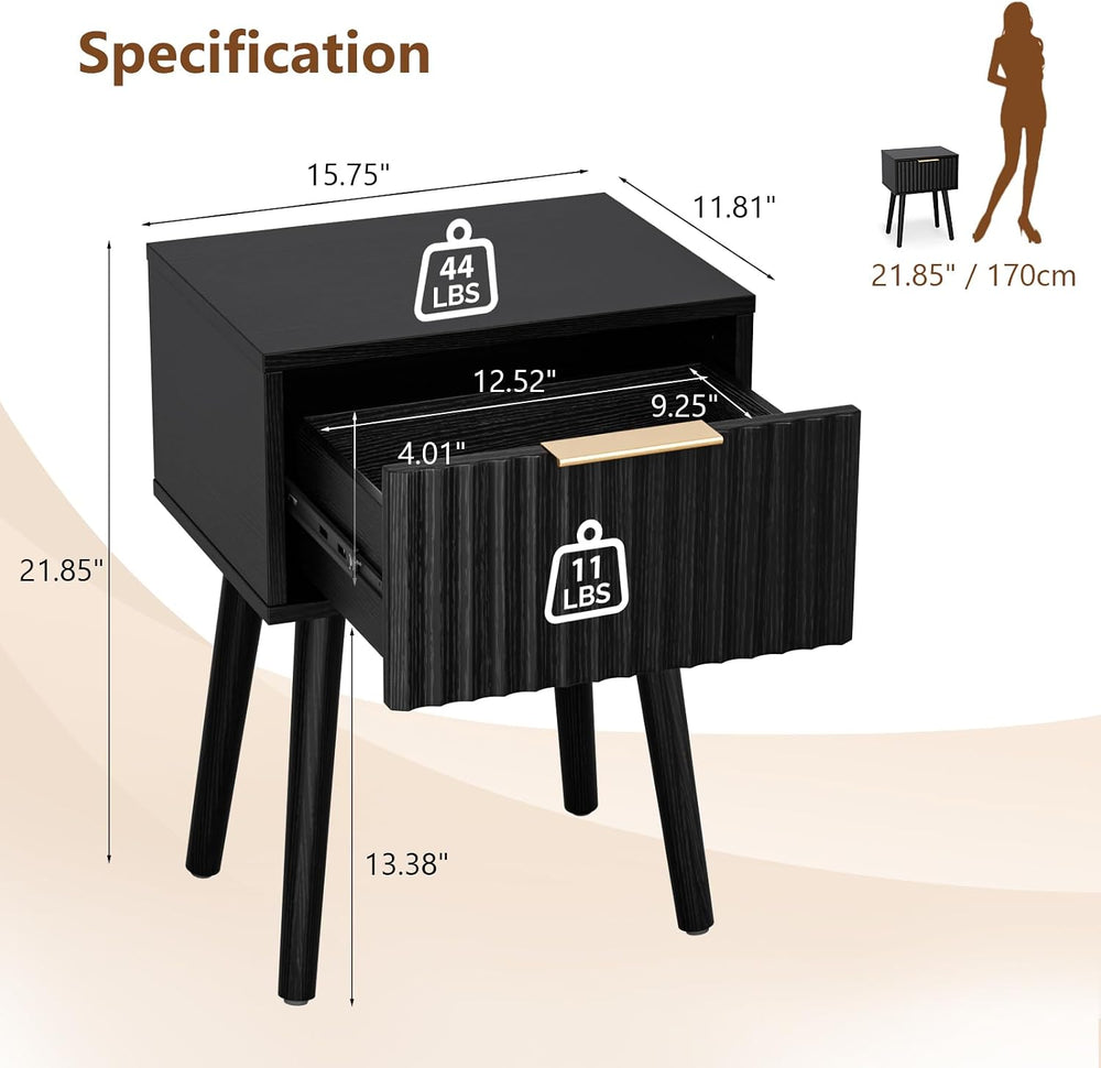 VINGLI Night Stand Set 2, Fluted Nightstands with Drawer, Mid Century Modern ...
