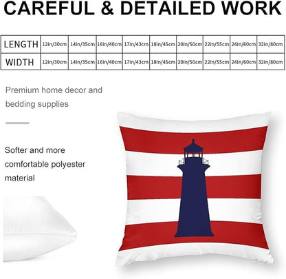 Myshe Square Nautical Navy Blue Lighthouse On Red Stripes Throw Pillow Cover - Image 2