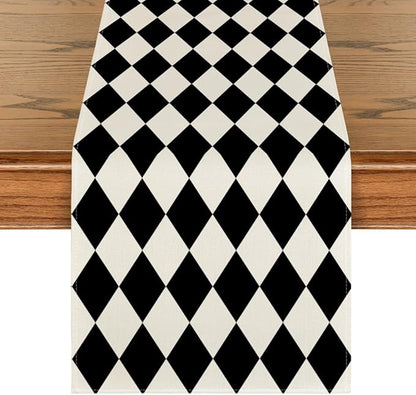 Artoid Mode Diamond Plaid Black Table Runner, Seasonal Halloween Party Kitchen by ArtoidMode