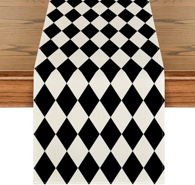 Artoid Mode Diamond Plaid Black Table Runner, Seasonal Halloween Party Kitchen by ArtoidMode