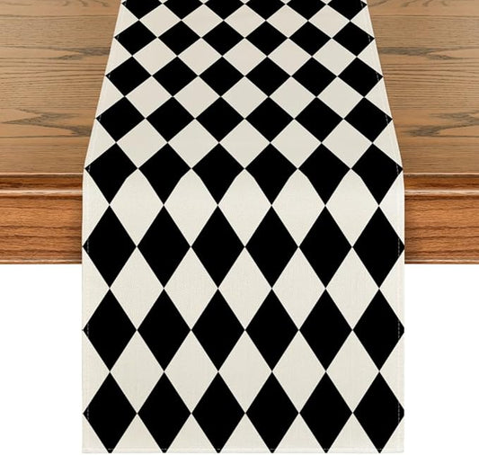 Artoid Mode Diamond Plaid Black Table Runner, Seasonal Halloween Party Kitchen by ArtoidMode