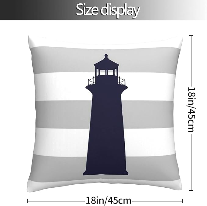 Myshe Square Nautical Navy Blue Lighthouse On Silver Gray Stripes Throw Pillow - Image 5