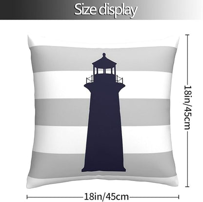 Myshe Square Nautical Navy Blue Lighthouse On Silver Gray Stripes Throw Pillow - Image 5