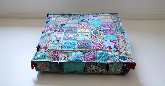 CRAFT KALA Indian Square Patchwork Traditional Pouf Cover Indian Living Room by CRAFTKALA