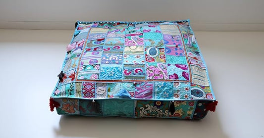 CRAFT KALA Indian Square Patchwork Traditional Pouf Cover Indian Living Room by CRAFTKALA