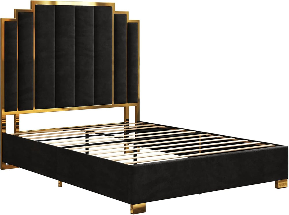 AMERLIFE Queen Size Velvet Upholstered Bed with Gold Trim Headboard, Black