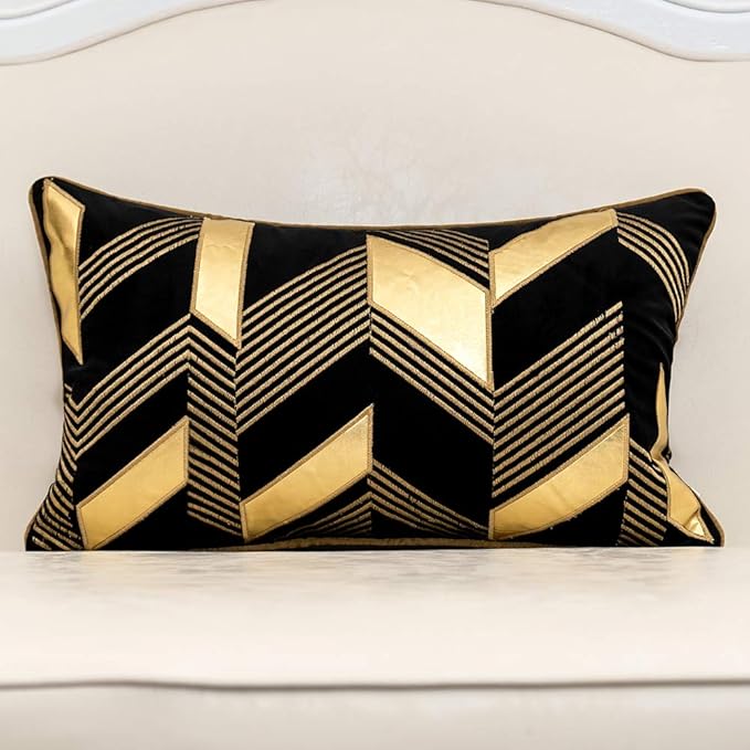 Alerfa 12 x 20 Inches Black Geometric Gold Leather Striped Cushion Cases by Alerfa