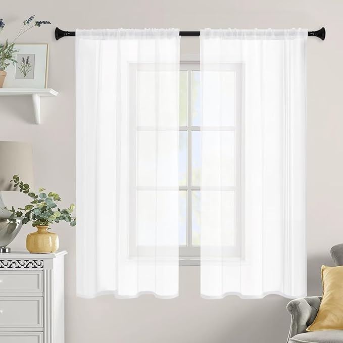 White Sheer Curtains 63 Inches Long 2 Panels, Rod Pocket Short Curtain - Image 9