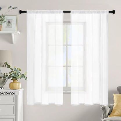 White Sheer Curtains 63 Inches Long 2 Panels, Rod Pocket Short Curtain - Image 9