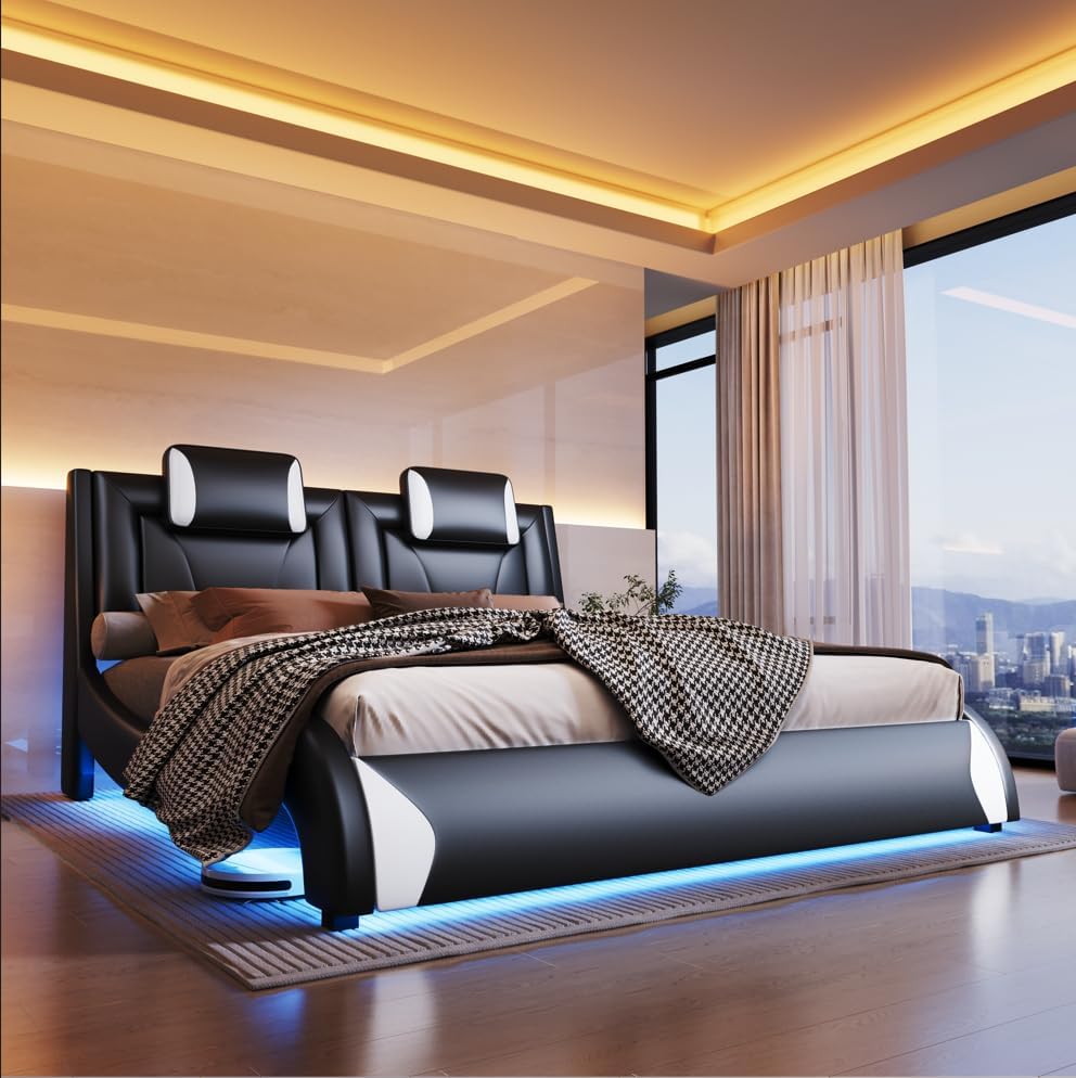 jocisland full led bed frame/faux leather headboard/wave design, main product view