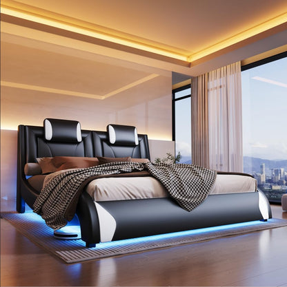 jocisland full led bed frame/faux leather headboard/wave design, main product view