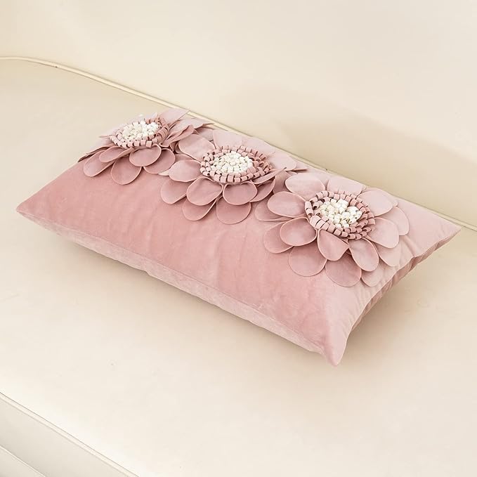 Alerfa 3D Flower Handmade Throw Pillow Cover Decorative Pink Velvet Pillowcase - Image 3