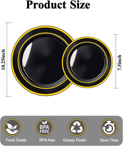 100PCS Black Plastic Plates Set with Gold Rim, 50 10.25 inch Dinner Plates and 50 7.5 inch Dessert Plates, Premium Disposable Plates forfor Party, Wedding, Holiday,And Halloween