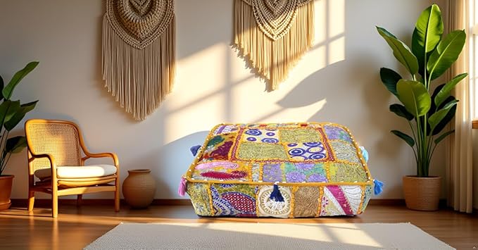 CRAFT KALA Indian Square Patchwork Traditional Pouf Cover Indian Living Room - Image 3