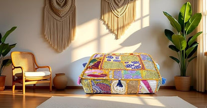 CRAFT KALA Indian Square Patchwork Traditional Pouf Cover Indian Living Room - Image 3