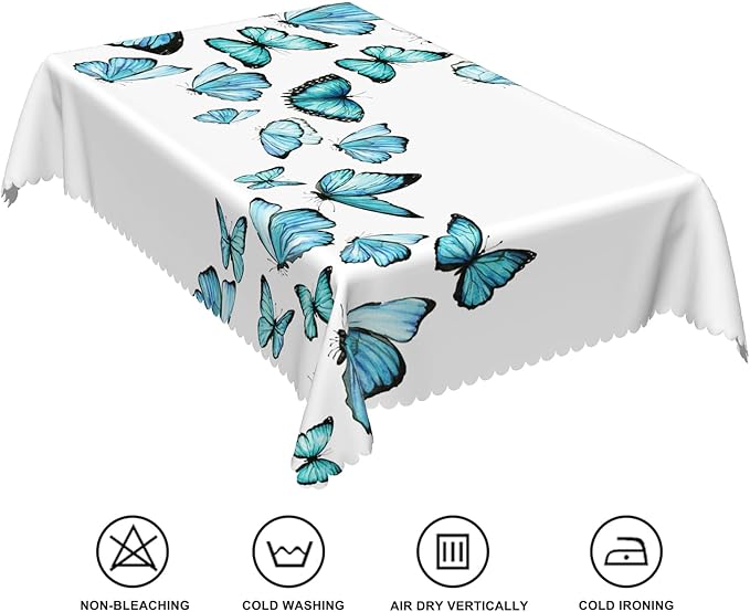 70x90inches Blue Butterfly Rectangle Table Cloth Nature Butterflies White - Image 6