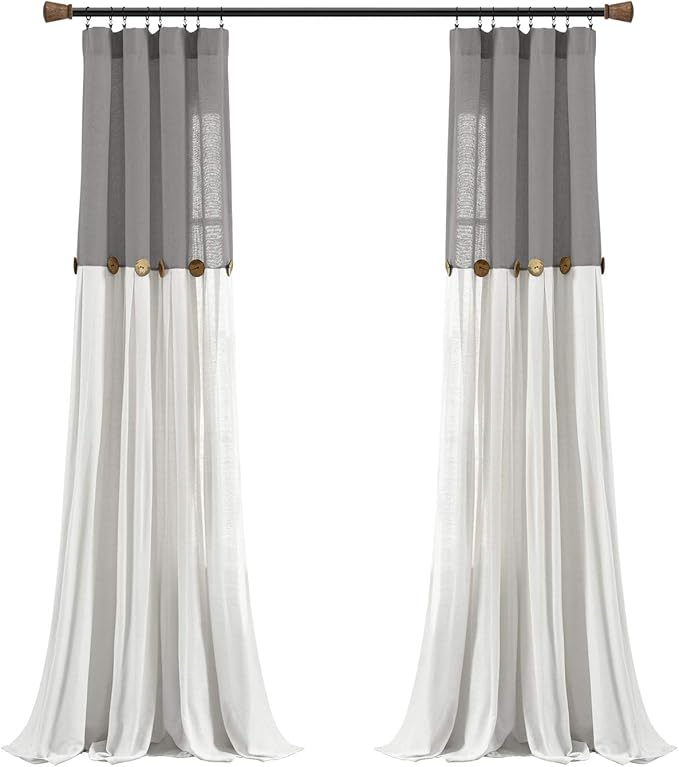 Lush Decor Linen Button Window Curtain Panel, Dark Gray & Off White - Image 8