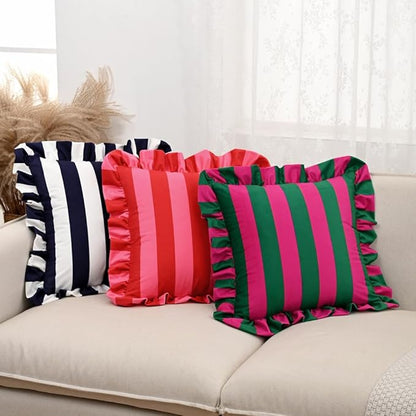 vctops Ruffle Square Throw Pillow Covers Boho Navy and White Striped Decorative - Image 5
