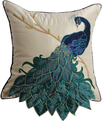 vctops Embroidered Peacock Decorative Throw Pillow Case Silky Satin Cushion by vctops