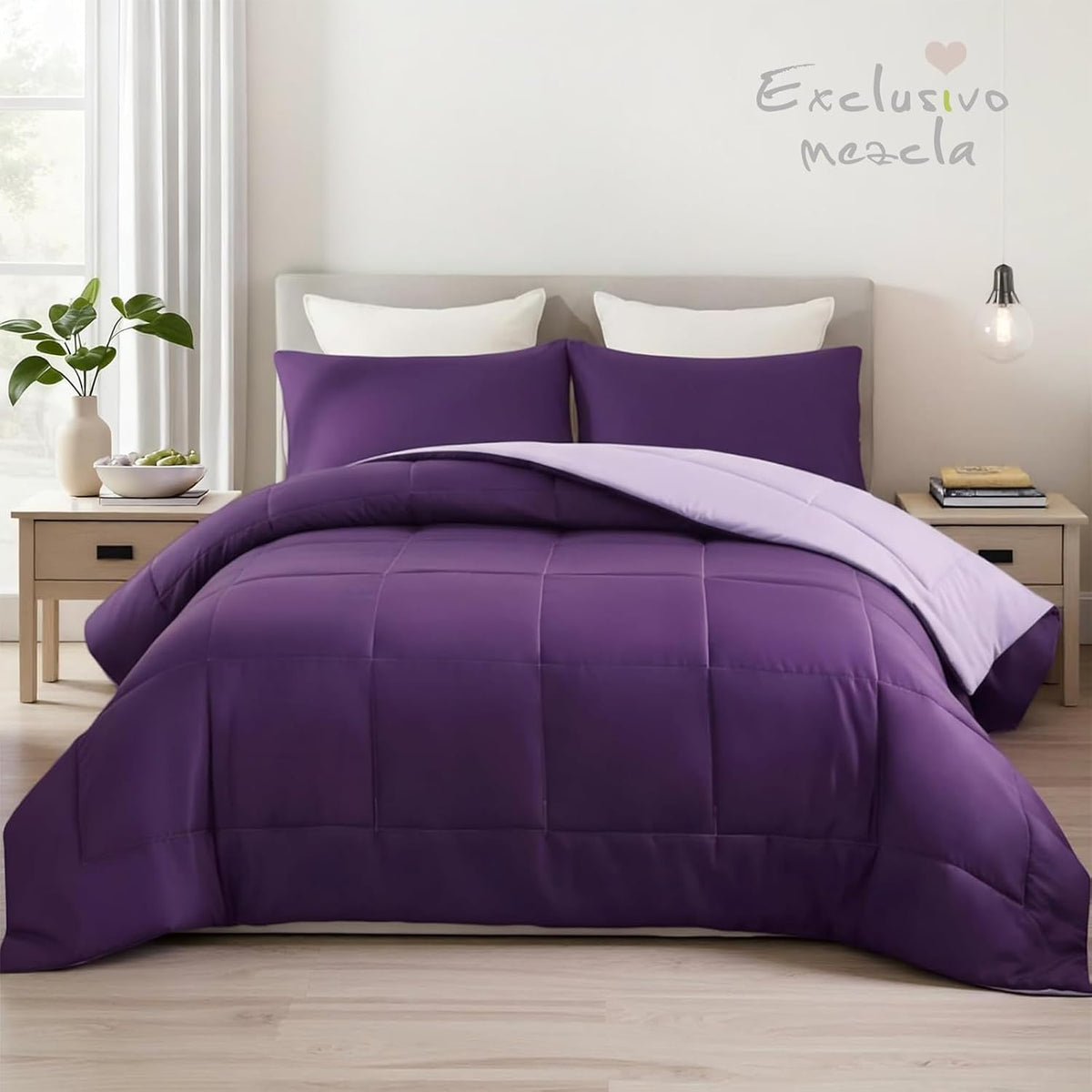 exclusivo mezcla reversible soft queen comforter set, 3 shown in use