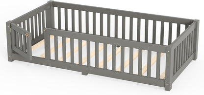 twin size montessori floor bed with door, slats, front angle view